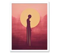 Wall Art Print Sunrise Solitude Minimalist Artwork Plum Pink Gold African Woman Silhouette in Golden Sun Halo Art Framed Artery8 White W12 inch x H16 inch