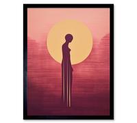 Wall Art Print Sunrise Solitude Minimalist Artwork Plum Pink Gold African Woman Silhouette in Golden Sun Halo Art Framed Artery8 Black W12 inch x H16 inch