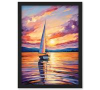 Wall Art Print Sunset Sailing Vibrant Oil Painting Orange Purple Blue Bathroom Artwork Sail Boat Seascape Artwork Framed A4 Artery8 Black A4