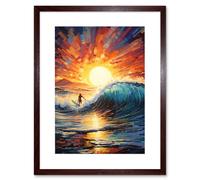 Wall Art Print Sunset Surf Waves Surfing Artwork Vibrant Blue Purple Orange Setting Sun Behind Surfer in Wavy Seascape Artwork Framed 9X7 Inch Artery8 Brown W7 inch x H9 inch