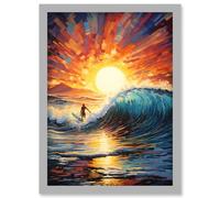 Wall Art Print Sunset Surf Waves Surfing Artwork Vibrant Blue Purple Orange Setting Sun Behind Surfer in Wavy Seascape Artwork Framed A4 Artery8 Grey A4
