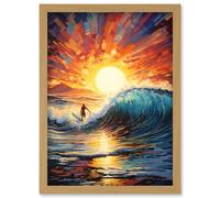 Wall Art Print Sunset Surf Waves Surfing Artwork Vibrant Blue Purple Orange Setting Sun Behind Surfer in Wavy Seascape Artwork Framed A4 Artery8 Light Oak A4