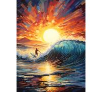 Wall Art Print Sunset Surf Waves Surfing Artwork Vibrant Blue Purple Orange Setting Sun Behind Surfer in Wavy Seascape Poster Artery8 Orange W24 inch x H32 inch