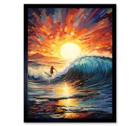 Wall Art Print Sunset Surf Waves Surfing Artwork Vibrant Blue Purple Orange Setting Sun Behind Surfer in Wavy Seascape Art Framed Artery8 Black W12 inch x H16 inch