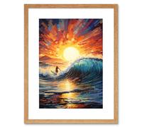 Wall Art Print Sunset Surf Waves Surfing Artwork Vibrant Blue Purple Orange Setting Sun Behind Surfer in Wavy Seascape Artwork Framed 9X7 Inch Artery8 Beige W7 inch x H9 inch
