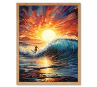 Wall Art Print Sunset Surf Waves Surfing Artwork Vibrant Blue Purple Orange Setting Sun Behind Surfer in Wavy Seascape Art Framed Artery8 Light Oak W12 inch x H16 inch