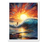 Wall Art Print Sunset Surf Waves Surfing Artwork Vibrant Blue Purple Orange Setting Sun Behind Surfer in Wavy Seascape Art Framed Artery8 White W12 inch x H16 inch
