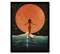 Wall Art Print Surfing Through Time And Space Autumn Moonrise Wave Riding Orange Blue Oil Painting Art Framed Wee Blue Coo Multi A4