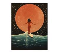 Wall Art Print Surfing Through Time And Space Autumn Moonrise Wave Riding Orange Blue Oil Painting Poster Wee Blue Coo Multi W24 inch x H32 inch