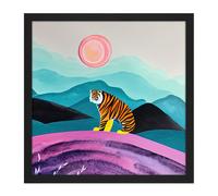 Wall Art Print Surreal Bengal Tiger Hunts Under A Pink Moon Square Framed Picture 16X16 Inch Artery8 Black W16 inch x H16 inch