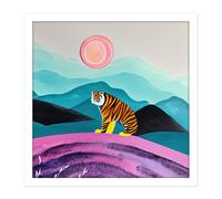 Wall Art Print Surreal Bengal Tiger Hunts Under A Pink Moon Square Framed Picture 16X16 Inch Artery8 White W16 inch x H16 inch