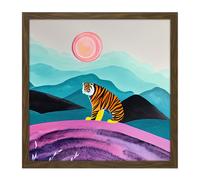 Wall Art Print Surreal Bengal Tiger Hunts Under A Pink Moon Square Framed Picture 16X16 Inch Artery8 Brown W16 inch x H16 inch