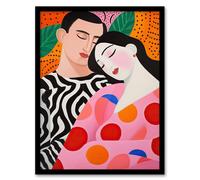 Wall Art Print Sweet Dreaming Sleeping Couple in Vibrant Patterns Orange Pink Red Oil Painting Art Framed Wee Blue Coo Multi A4