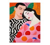 Wall Art Print Sweet Dreaming Sleeping Couple in Vibrant Patterns Orange Pink Red Oil Painting Poster Wee Blue Coo Multi W24 inch x H32 inch