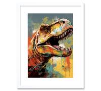 Wall Art Print T-Rex Roaring Dinosaur Multicoloured Portrait Artwork Framed 9X7 Inch Artery8 White W7 inch x H9 inch