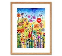 Wall Art Print Tall Mixed Flowers Folk Art Watercolour Painting Artwork Framed 9X7 Inch Artery8 Beige W7 inch x H9 inch