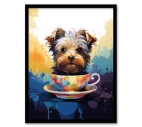 Wall Art Print Tea Cup Yorkshire Terrier Dog Lover Gift Pet Portrait Blue Purple Orange Artwork Painting Art Framed Artery8 Multi A4