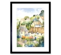 Wall Art Print Thatched Roof Cottage House Village in Soft Pastel Colours Modern Watercolour Painting Artwork Framed 9X7 Inch Artery8 Black W7 inch x H9 inch