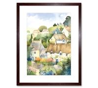 Wall Art Print Thatched Roof Cottage House Village in Soft Pastel Colours Modern Watercolour Painting Artwork Framed 9X7 Inch Artery8 Brown W7 inch x H9 inch