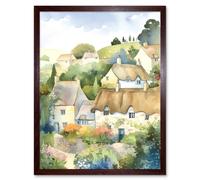 Wall Art Print Thatched Roof Cottage House Village in Soft Pastel Colours Modern Watercolour Painting Art Framed Artery8 Brown W12 inch x H16 inch