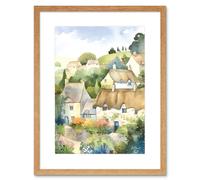 Wall Art Print Thatched Roof Cottage House Village in Soft Pastel Colours Modern Watercolour Painting Artwork Framed 9X7 Inch Artery8 Beige W7 inch x H9 inch