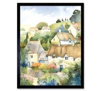 Wall Art Print Thatched Roof Cottage House Village in Soft Pastel Colours Modern Watercolour Painting Art Framed Artery8 Black W12 inch x H16 inch