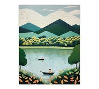Wall Art Print The Boating Lake Scenic Boat Ride in Tranquil Waters Teal Green Orange Stylised Oil Painting Poster Wee Blue Coo Green W24 inch x H32 inch