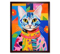 Wall Art Print The Cat in the Caftan Artwork Bold Bright Vibrant Modern Folk Art Acrylic Painting Kids Floral Pattern Art Framed Artery8 Brown W12 inch x H16 inch