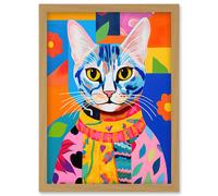 Wall Art Print The Cat in the Caftan Artwork Bold Bright Vibrant Modern Folk Art Acrylic Painting Kids Floral Pattern Artwork Framed A4 Artery8 Light Oak A4