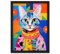Wall Art Print The Cat in the Caftan Artwork Bold Bright Vibrant Modern Folk Art Acrylic Painting Kids Floral Pattern Artwork Framed A4 Artery8 Black A4