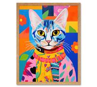Wall Art Print The Cat in the Caftan Artwork Bold Bright Vibrant Modern Folk Art Acrylic Painting Kids Floral Pattern Art Framed Artery8 Light Oak W12 inch x H16 inch