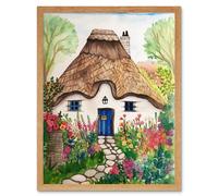 Wall Art Print The Cottage In The Forrest Flowers Folk Art Framed Artery8 Light Oak W12 inch x H16 inch