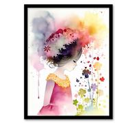 Wall Art Print The Girl In The Flower Meadow Watercolour Girls Bedroom Artwork Art Framed Artery8 Multi A4