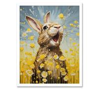 Wall Art Print The Happy Bunny Rabbit Playing in a Field of Daisies Vibrant Oil Painting Kids Bedroom Blue Yellow Bright Summer Meadow Art Framed Artery8 White W12 inch x H16 inch