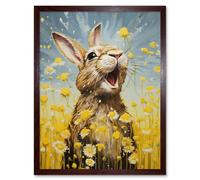 Wall Art Print The Happy Bunny Rabbit Playing in a Field of Daisies Vibrant Oil Painting Kids Bedroom Blue Yellow Bright Summer Meadow Art Framed Artery8 Brown W12 inch x H16 inch