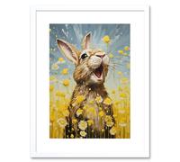 Wall Art Print The Happy Bunny Rabbit Playing in a Field of Daisies Vibrant Oil Painting Kids Bedroom Blue Yellow Bright Summer Meadow Artwork Framed Artery8 White W7 inch x H9 inch