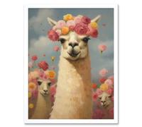 Wall Art Print The Llama Wedding Rose Bloom Flower Headdress Fun Artwork Kids Bedroom Art Framed Artery8 White W12 inch x H16 inch