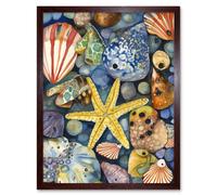 Wall Art Print The Rock Pool Seaside Clams Starfish Bathroom Art Framed Artery8 Brown W12 inch x H16 inch