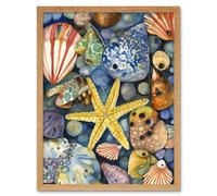 Wall Art Print The Rock Pool Seaside Clams Starfish Bathroom Art Framed Artery8 Light Oak W12 inch x H16 inch