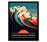 Wall Art Print The Seaside Calls Portrush West Strand Northern Ireland UK Sunset Woman of the Waves Sea Siren Ocean Art Framed Artery8 Blue W12 inch x H16 inch