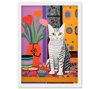 Wall Art Print The Stripey Cat Sits Artwork Potted Flower Plant Henri Matisse Style Painting Home Bold Bright Vibrant Folk Artwork Framed A4 Artery8 White A4