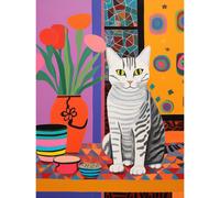 Wall Art Print The Stripey Cat Sits Artwork Potted Flower Plant Henri Matisse Style Painting Home Bold Bright Vibrant Folk Art Poster Artery8 Multi W24 inch x H32 inch