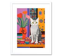 Wall Art Print The Stripey Cat Sits Artwork Potted Flower Plant Henri Matisse Style Painting Home Bold Bright Vibrant Folk Artwork Framed 9X7 Inch Artery8 White W7 inch x H9 inch