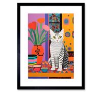 Wall Art Print The Stripey Cat Sits Artwork Potted Flower Plant Henri Matisse Style Painting Home Bold Bright Vibrant Folk Artwork Framed 9X7 Inch Artery8 Black W7 inch x H9 inch