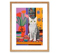 Wall Art Print The Stripey Cat Sits Artwork Potted Flower Plant Henri Matisse Style Painting Home Bold Bright Vibrant Folk Artwork Framed 9X7 Inch Artery8 Beige W7 inch x H9 inch