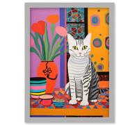 Wall Art Print The Stripey Cat Sits Artwork Potted Flower Plant Henri Matisse Style Painting Home Bold Bright Vibrant Folk Artwork Framed A4 Artery8 Grey A4