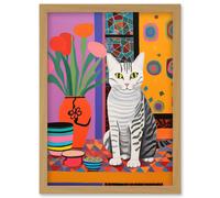 Wall Art Print The Stripey Cat Sits Artwork Potted Flower Plant Henri Matisse Style Painting Home Bold Bright Vibrant Folk Artwork Framed A4 Artery8 Light Oak A4