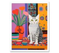 Wall Art Print The Stripey Cat Sits Artwork Potted Flower Plant Henri Matisse Style Painting Home Bold Bright Vibrant Folk Art Framed Artery8 White W12 inch x H16 inch