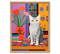 Wall Art Print The Stripey Cat Sits Artwork Potted Flower Plant Henri Matisse Style Painting Home Bold Bright Vibrant Folk Art Framed Artery8 Light Oak W12 inch x H16 inch