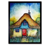 Wall Art Print The Thatched Cottage Folk Art Framed Artery8 Black W12 inch x H16 inch